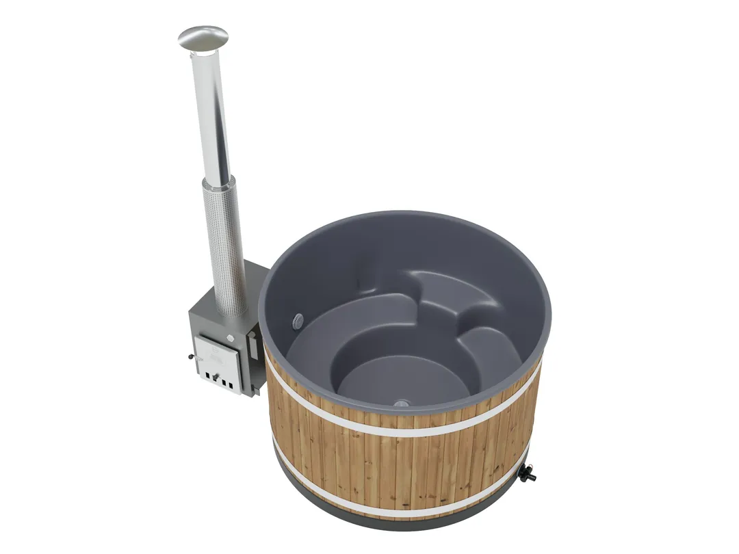 Bain nordique Harvia Comfort Steady M en pin thermo-traité vu de dessus, banc intégré et poêle extérieur avec son conduit