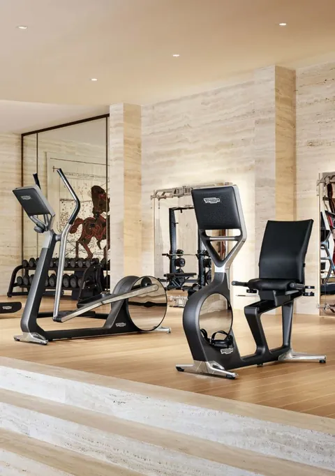 Une salle de sport privée aux murs et marches de travertin, appareils Technogym