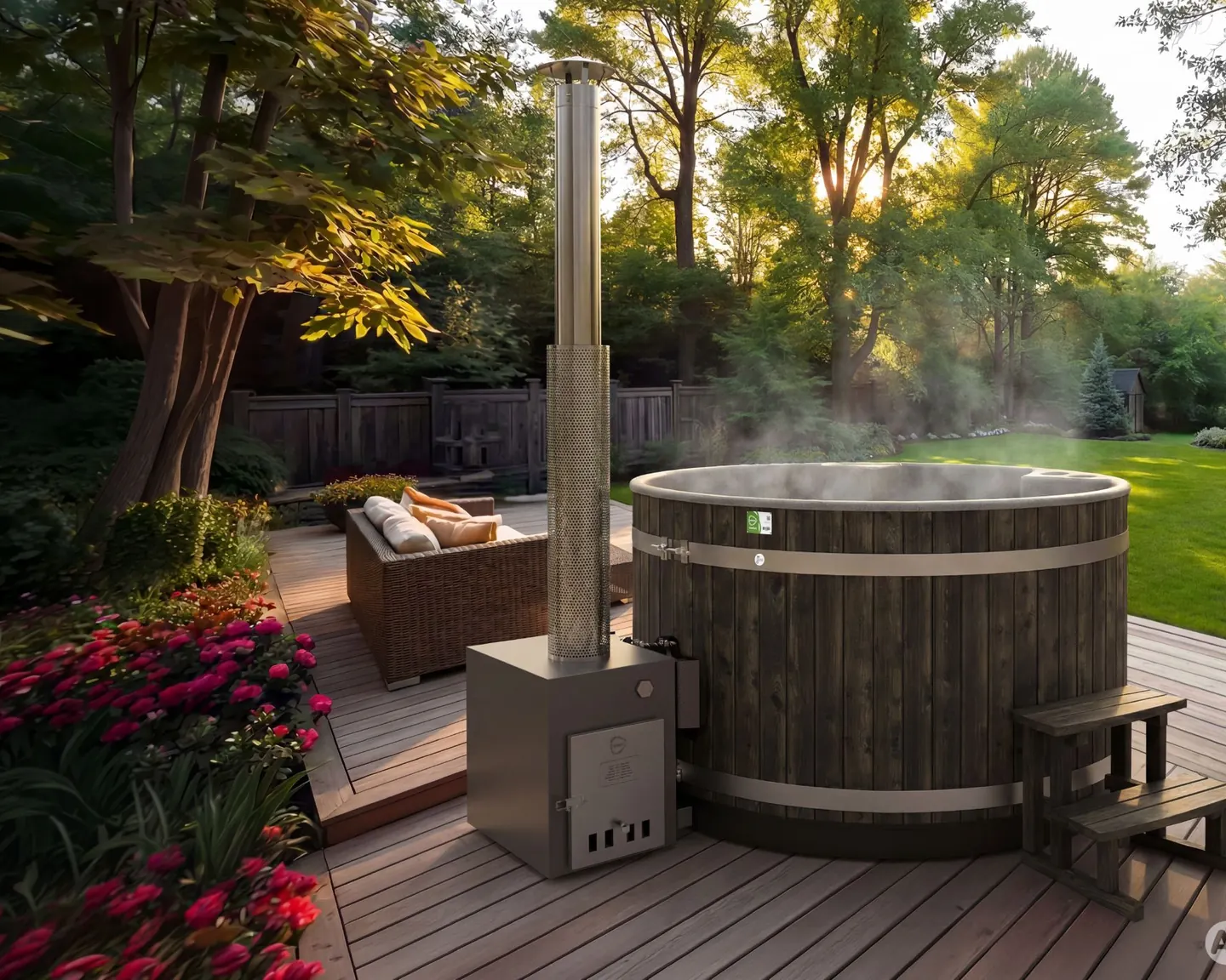Bain nordique Harvia en épicéa teinté noir, poêle à bois et conduit inox à côté, vapeur au-dessus de l’eau dans un jardin