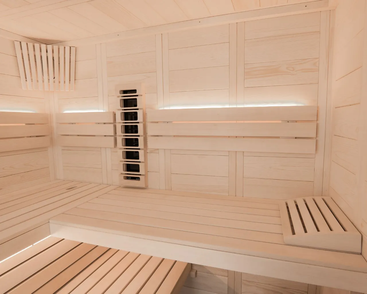 Intérieur du sauna Harvia Alaska Corner Infra+ : bancs en tilleul et émetteurs infrarouges au mur