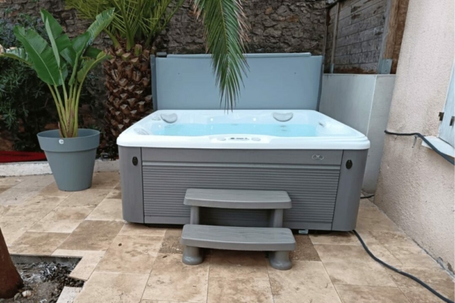 Spa sur terrasse à côté d'un palmier